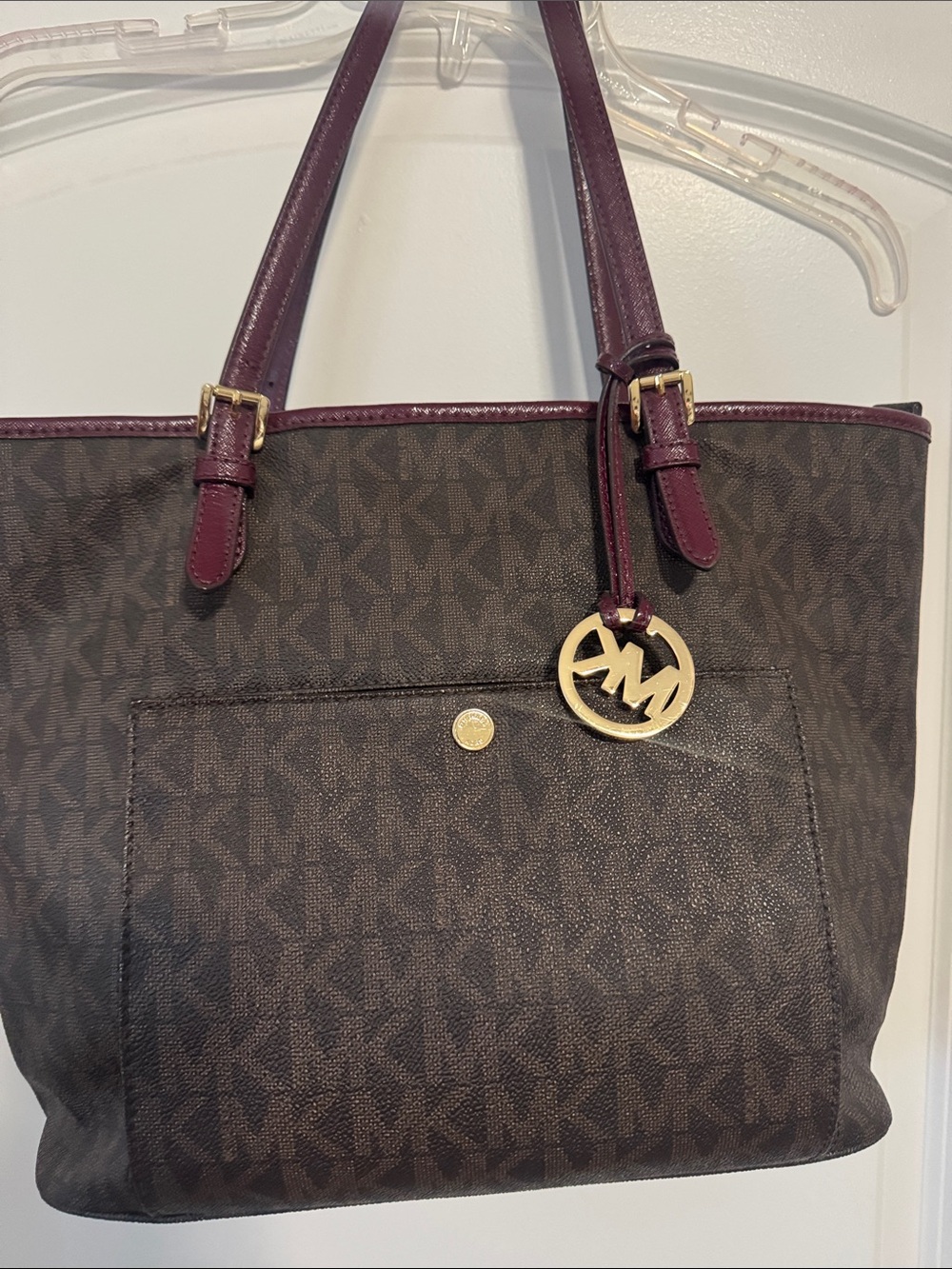 Michael Kors Brown Monogram Tote with Plum Trim